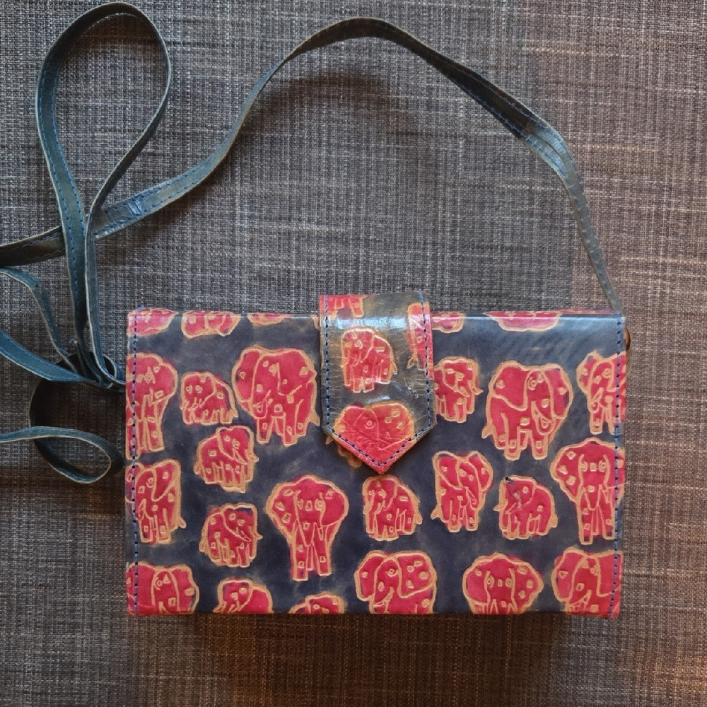 Vintage Leather Elephant Print Bag - Red and Navy Blue
